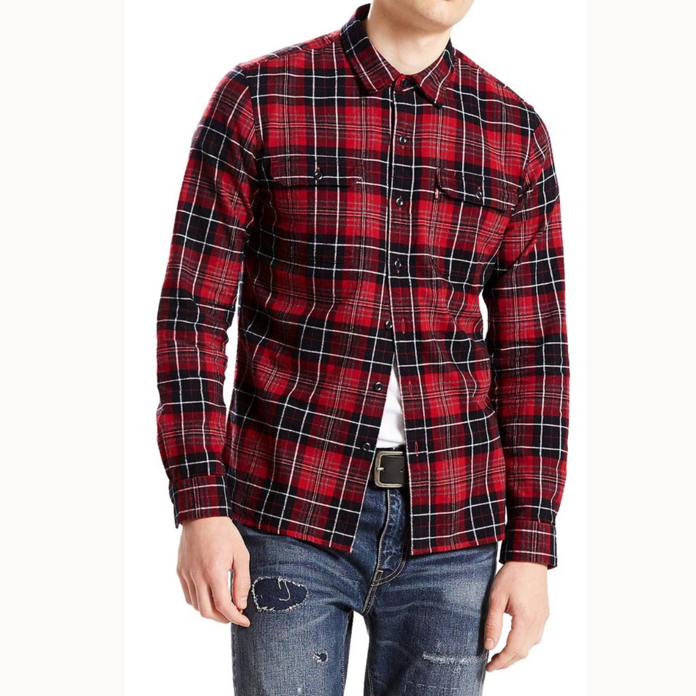 Levi's Jackson Worker Long Sleeve Shirt Men’s Medium Red Plaid Chest Pockets